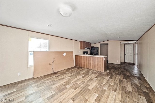 interior space featuring hardwood / wood-style flooring, vaulted ceiling, a textured ceiling, and crown molding