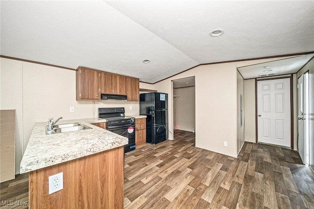 kitchen featuring sink, black appliances, dark hardwood / wood-style flooring, vaulted ceiling, and exhaust hood