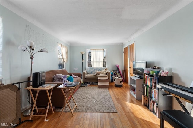 living room featuring a textured ceiling and light hardwood / wood-style flooring