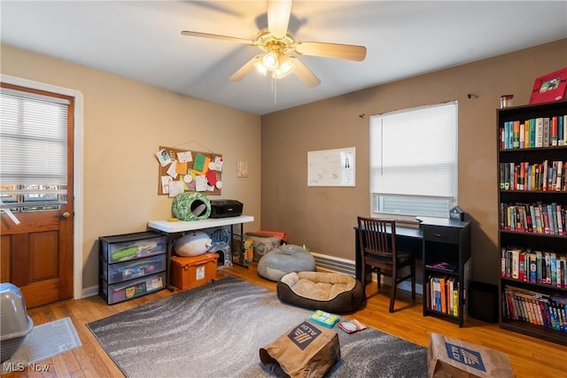 interior space featuring ceiling fan, light hardwood / wood-style flooring, and a wealth of natural light