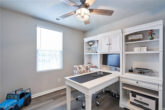 office featuring a textured ceiling, dark hardwood / wood-style floors, and ceiling fan