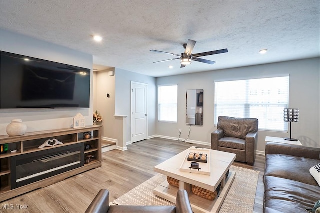 living room with wood-type flooring, a textured ceiling, and ceiling fan