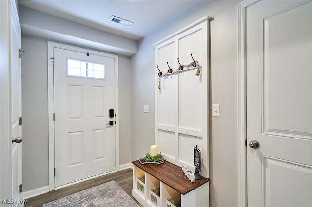 mudroom featuring dark wood-type flooring