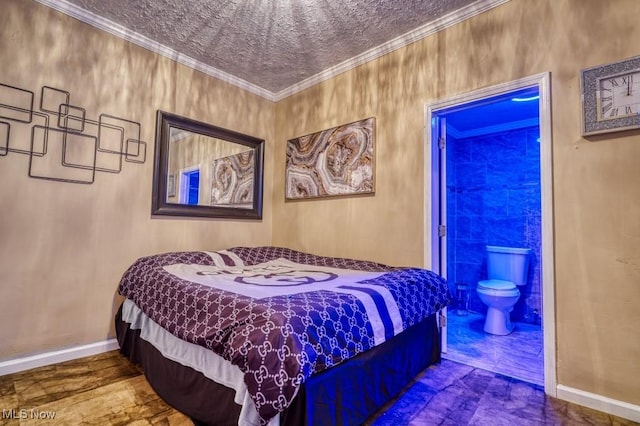 bedroom with a textured ceiling, ensuite bath, and ornamental molding