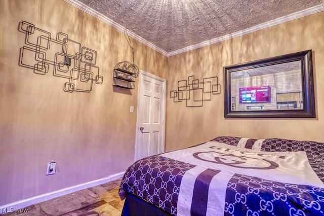 bedroom with crown molding and a textured ceiling