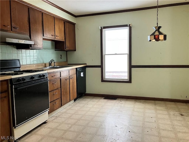 kitchen with pendant lighting, sink, range with gas cooktop, black dishwasher, and ornamental molding