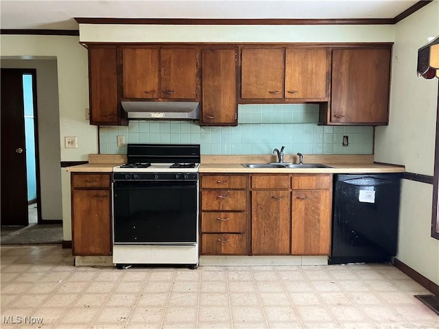 kitchen with dishwasher, sink, exhaust hood, decorative backsplash, and gas stove