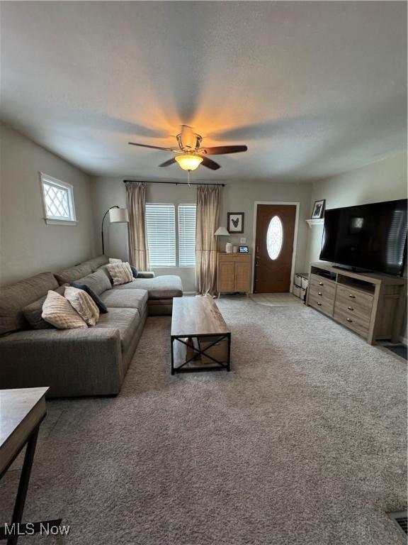 living room with ceiling fan, a wealth of natural light, and carpet floors