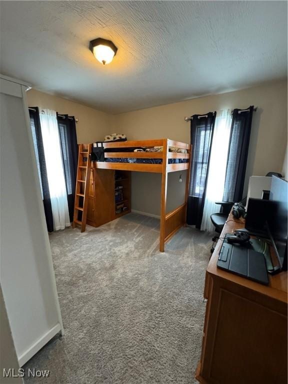 bedroom featuring a textured ceiling and carpet flooring