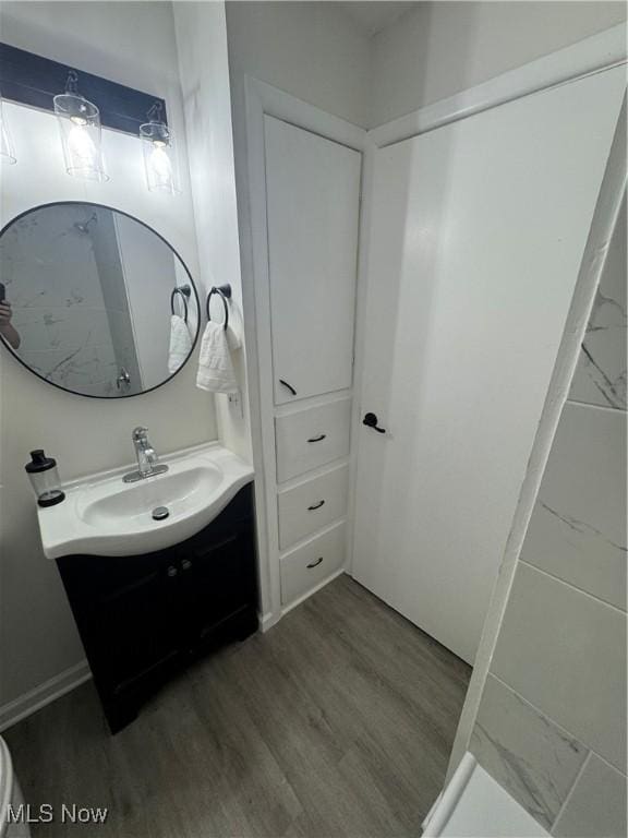 bathroom featuring vanity and hardwood / wood-style floors