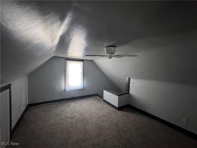 additional living space with vaulted ceiling, carpet, a textured ceiling, and ceiling fan