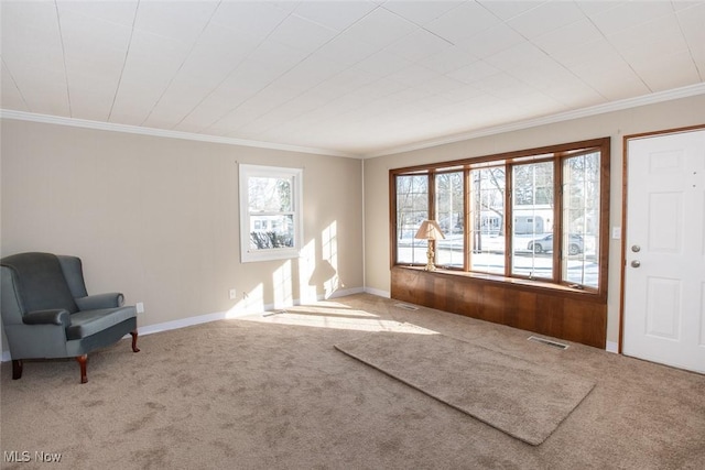 foyer entrance with crown molding and carpet flooring