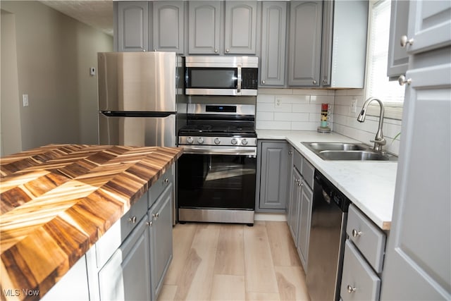 kitchen featuring butcher block counters, sink, tasteful backsplash, gray cabinets, and stainless steel appliances