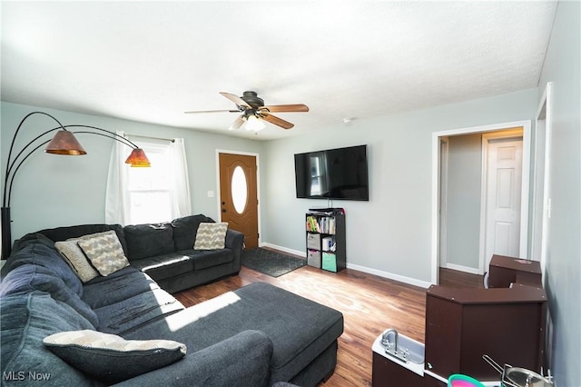 living room featuring ceiling fan and wood-type flooring