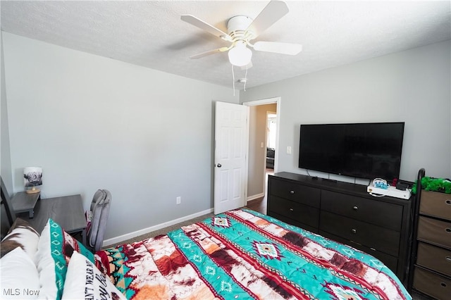 carpeted bedroom featuring a textured ceiling and ceiling fan