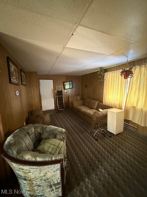 basement featuring carpet floors and wooden walls