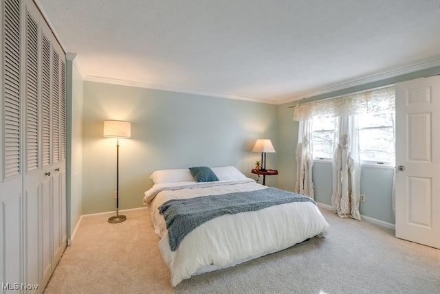 carpeted bedroom with crown molding