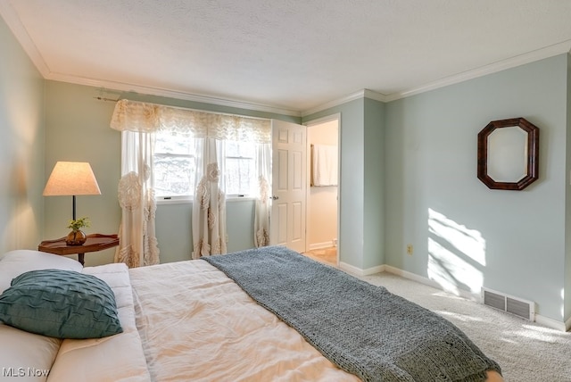 bedroom featuring light carpet and crown molding