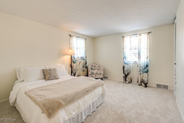 bedroom featuring multiple windows, carpet, and a textured ceiling