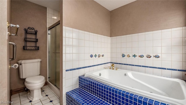 bathroom with tile patterned flooring, independent shower and bath, and toilet