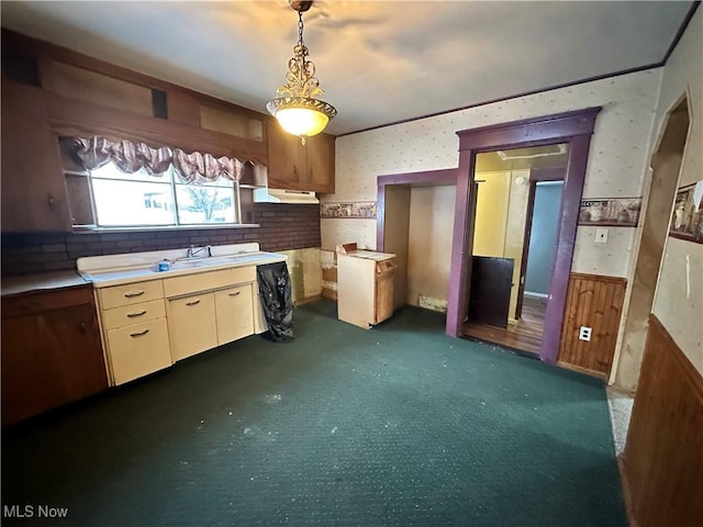 kitchen featuring hanging light fixtures, sink, and dark carpet