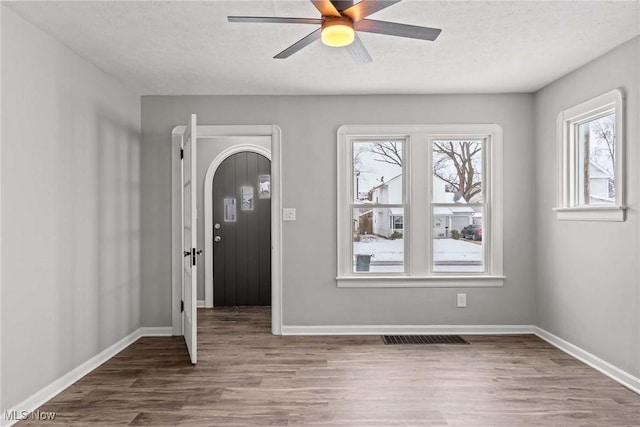 foyer entrance featuring ceiling fan, wood-type flooring, and a textured ceiling