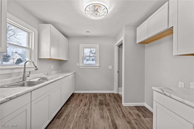 kitchen with sink, wood-type flooring, and white cabinets