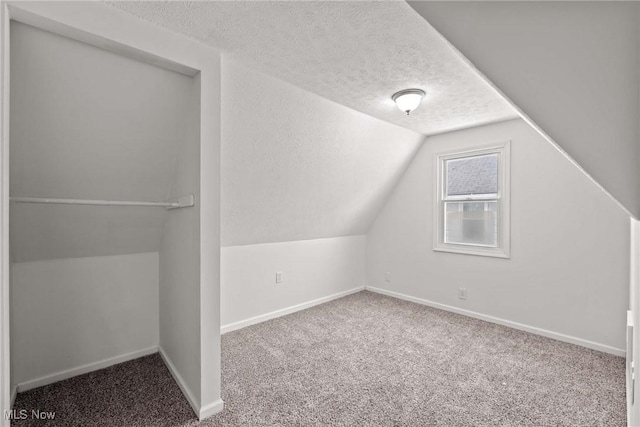 bonus room featuring lofted ceiling, a textured ceiling, and carpet