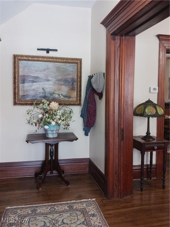 hall featuring vaulted ceiling and dark wood-type flooring