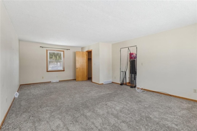 spare room featuring light carpet and a textured ceiling