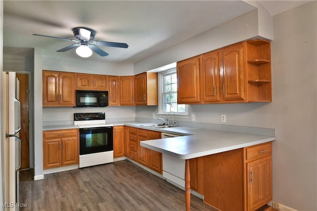 kitchen with sink, range with electric stovetop, dark hardwood / wood-style floors, dishwasher, and white fridge