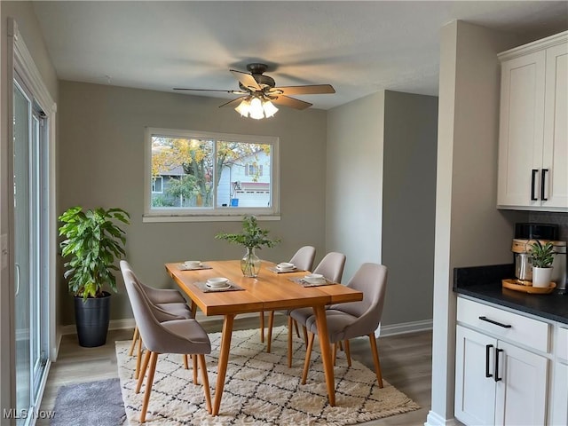 dining space with ceiling fan and light wood-type flooring