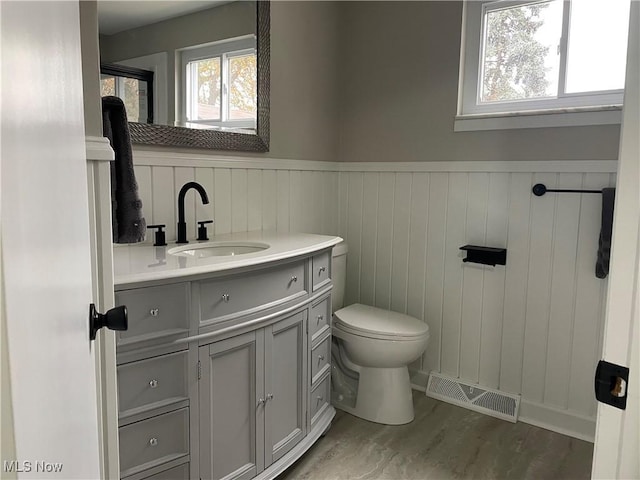 bathroom featuring hardwood / wood-style flooring, vanity, and toilet