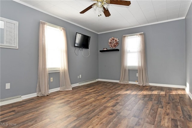 empty room featuring crown molding, dark wood-type flooring, and ceiling fan