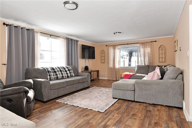 living room featuring ornamental molding and dark wood-type flooring