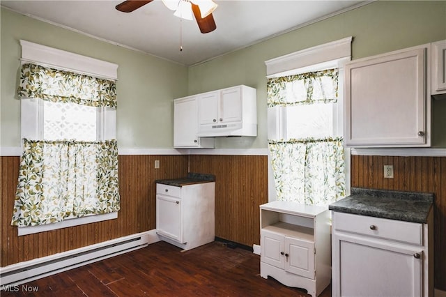 kitchen featuring white cabinetry, a baseboard heating unit, dark hardwood / wood-style flooring, and a healthy amount of sunlight