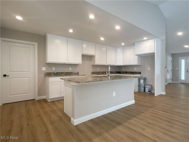 kitchen featuring sink, white cabinetry, light stone counters, wood-type flooring, and a kitchen island with sink