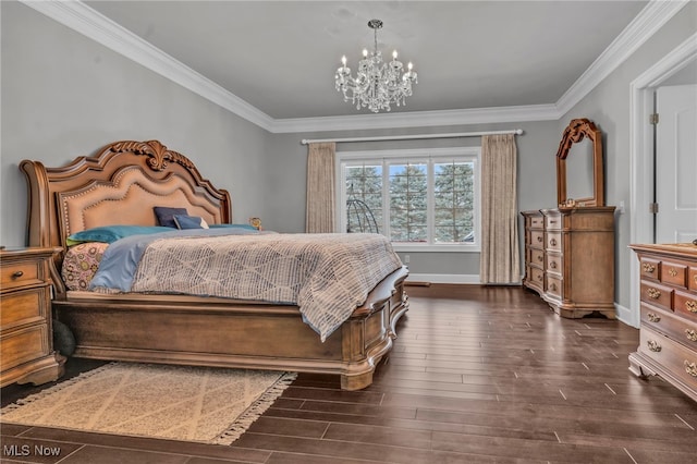 bedroom featuring dark hardwood / wood-style flooring, ornamental molding, and an inviting chandelier