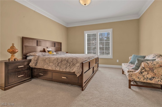 bedroom with light carpet and ornamental molding