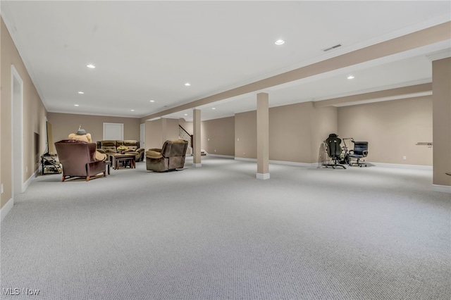 interior space featuring ornamental molding and light carpet