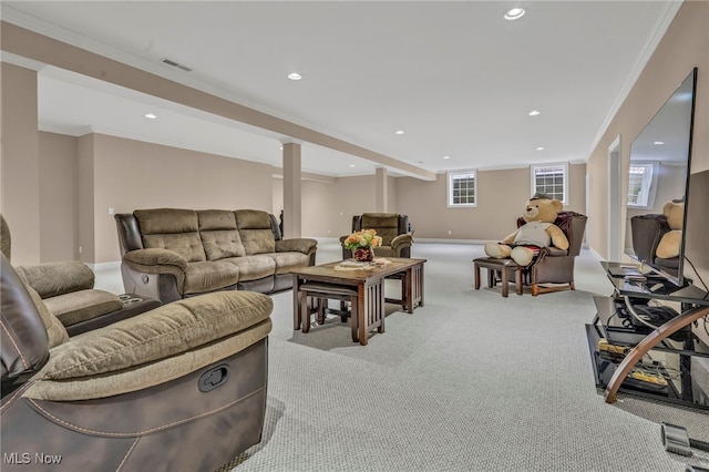 living room with light carpet and ornamental molding