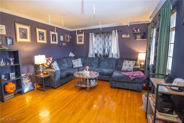 living room with hardwood / wood-style floors and ornamental molding