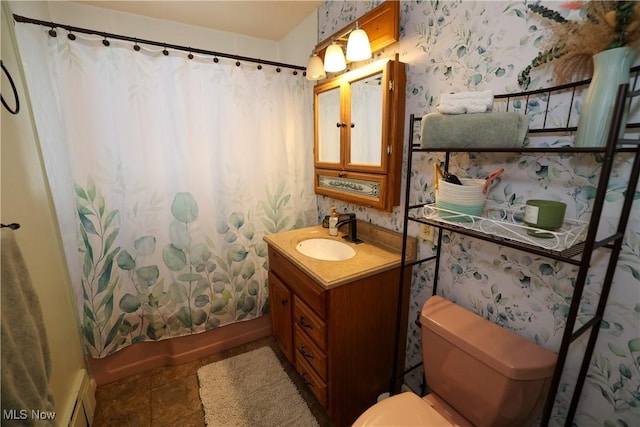 bathroom featuring vanity, wallpapered walls, shower / tub combo, tile patterned floors, and toilet