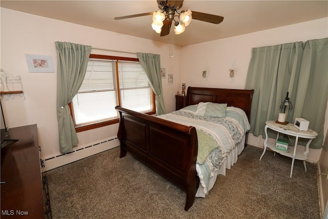 carpeted bedroom with a baseboard heating unit and ceiling fan