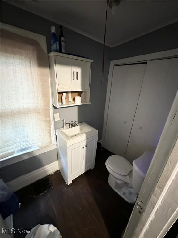 bathroom featuring vanity, hardwood / wood-style floors, and toilet