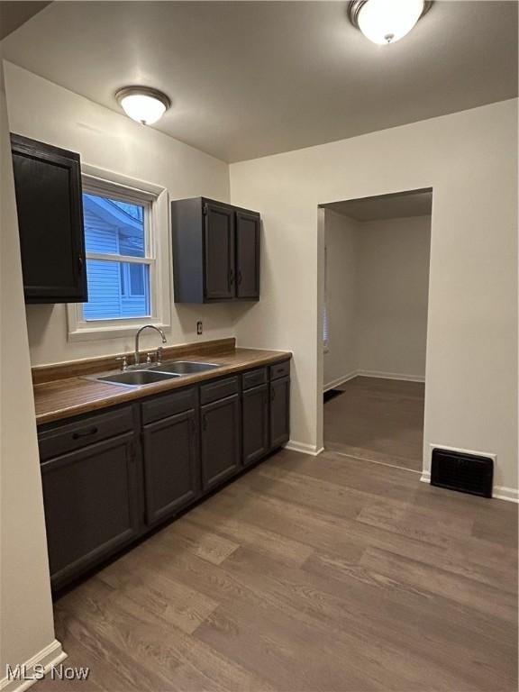 kitchen featuring dark brown cabinets, sink, and light hardwood / wood-style flooring