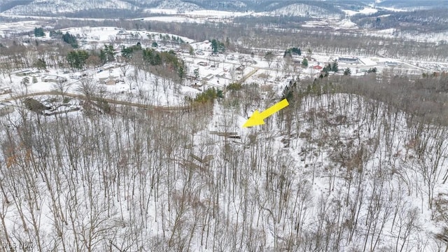 snowy aerial view with a mountain view