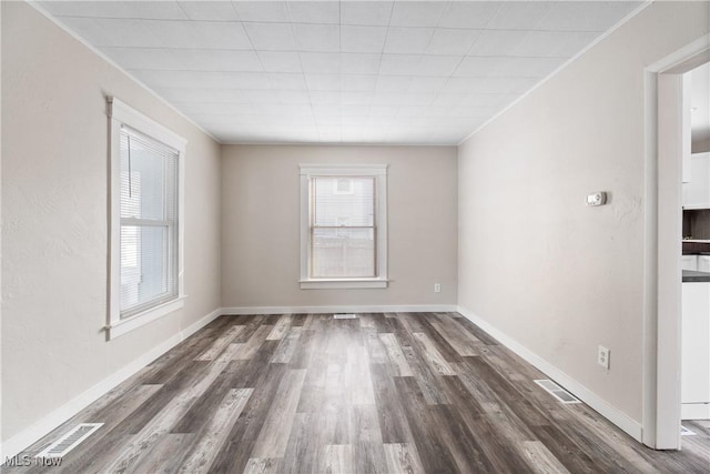 empty room featuring a healthy amount of sunlight and dark hardwood / wood-style flooring