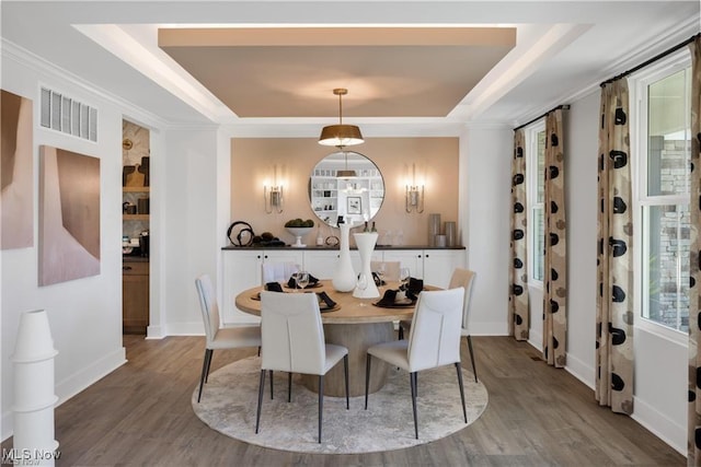 dining area featuring wood-type flooring, a raised ceiling, and plenty of natural light