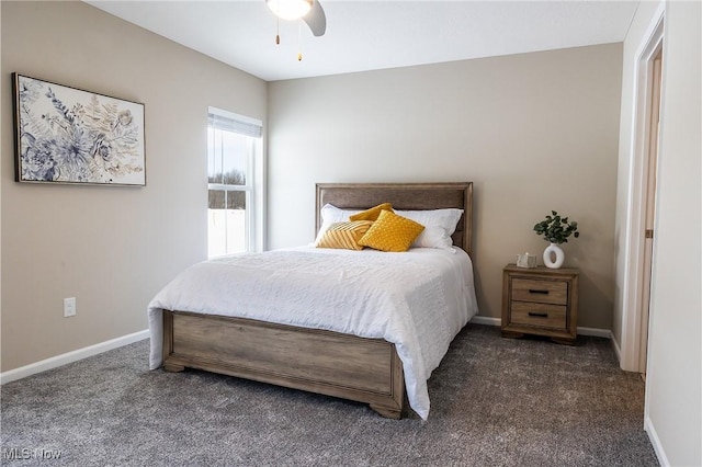 bedroom with dark carpet and ceiling fan